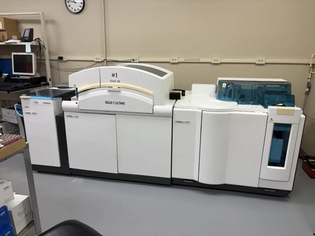 Used Roche Cobas 6000 chemistry analyzer in a clinical laboratory